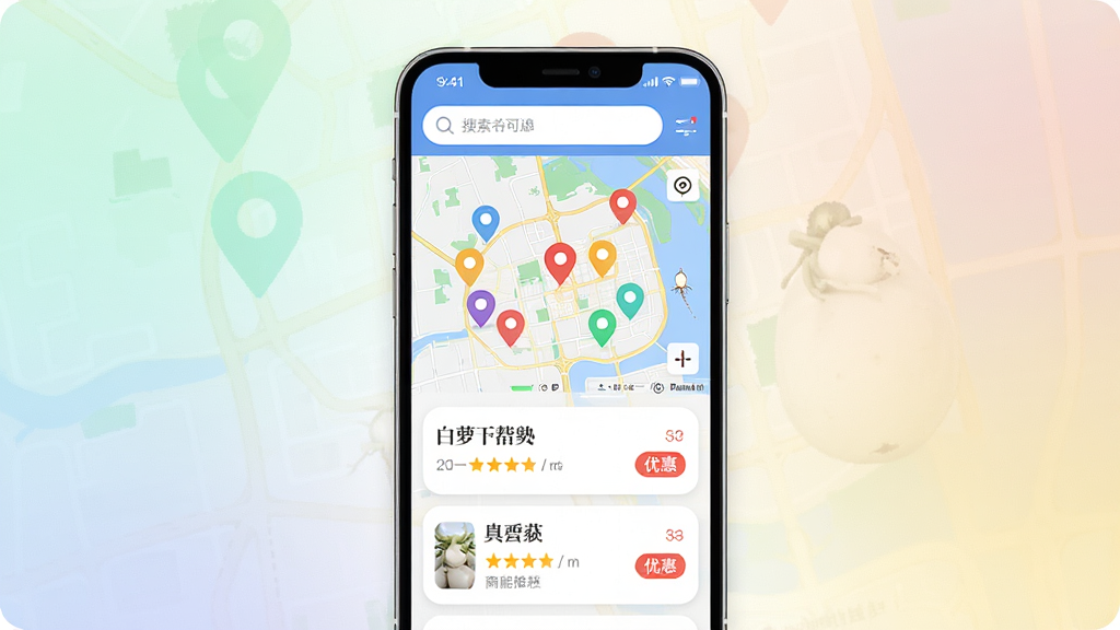 ���ܲ�AI�����̻������Ƽ����ܽ��棬��������Ϊ�ֻ���Ļչʾ��ͼ���̻��б�����ͼ�ϱ�ע�����ɫ��λ�㣬�б���ʾ�̻����ơ��������Żݱ�ǩ������Ϊ���½ṹ������Ϊ���������в�Ϊ��ͼ���ײ�Ϊ��Ƭ�б������Ϊ�ִ�����UI��ƣ�ϸ�ڰ���Բ�ǿ�Ƭ����ͽ��䱳���������������ɾ����޶���Ԫ��