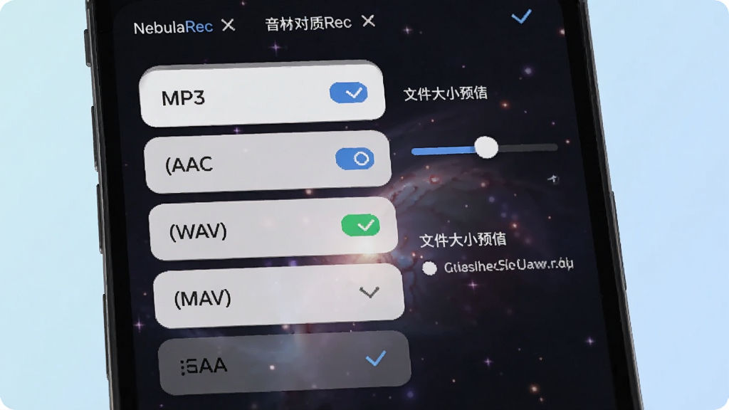 NebulaRec��ʽѡ�����չʾ���ֻ���Ļ���г�MP3��AAC��WAV�ȸ�ʽѡ��Ա��������ʻ�����ļ���СԤ��������Ϊ���ǳɫ��������¼�࣬ϸ�ڰ�����ѡ״̬�ʹ洢·����ʾ�����ʸ��壬�ɾ����޶���Ԫ��