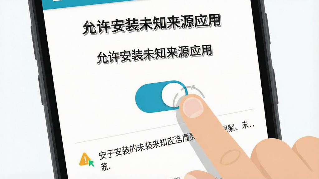 一张安卓手机安装应用步骤示意图,画面主体为手机屏幕显示“允许安装未知来源应用”设置界面,布局为顶部标题、中间开关按钮、底部提示文字,排版直观,风格为扁平化教程风,细节包含手指点击开关、安全提示图标,画质高清,干净,无多余元素