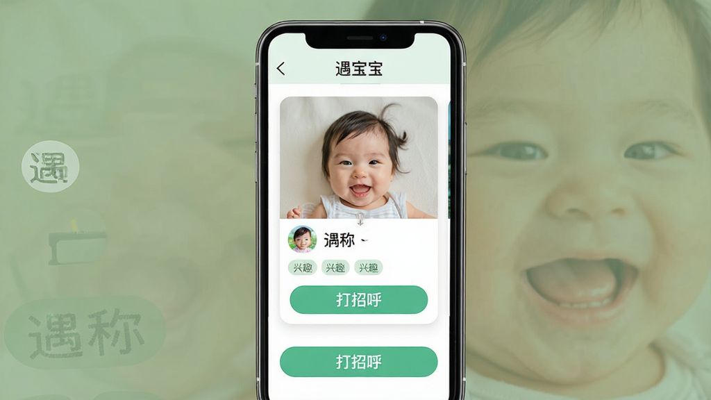 一张手机应用功能展示图,画面主体为“遇宝宝”应用中的用户推荐卡片界面,布局为上方标题栏、中间人物卡片、下方操作按钮,排版整齐,风格为现代简约,细节包含头像、昵称、兴趣标签和打招呼按钮,画质高清,干净,无多余元素