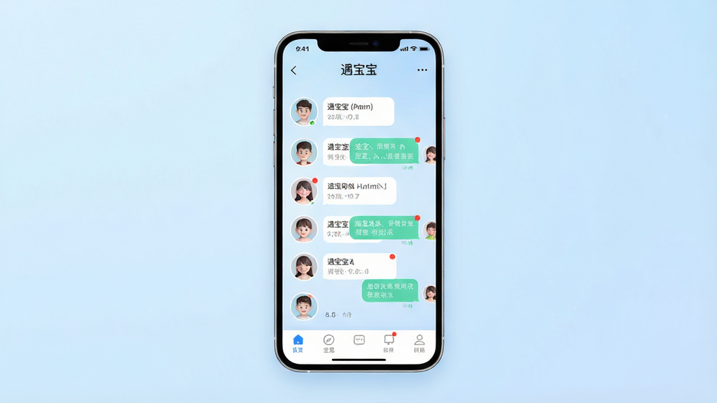 一幅竖版手机界面展示图,画面中央是一部现代智能手机,屏幕上显示“遇宝宝”聊天交友界面,包含头像列表和聊天气泡,背景为柔和浅蓝渐变,布局为居中主体加底部功能图标,排版简洁干净,风格为清爽科技感,细节包含圆形头像、消息红点、底部导航栏,画质为高清细腻,干净,无多余元素