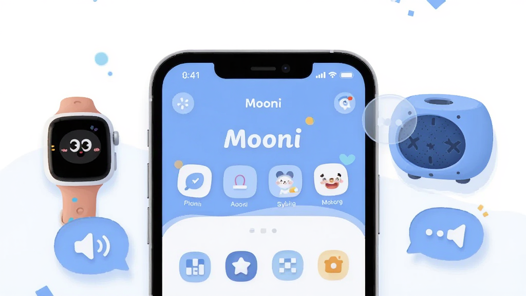 �����������һ�������ֻ�����Ļ����ʾ Mooni Ӧ�������棬����������������ɫ����Χ���ƶ�ͯ�����ֱ����������䡢�������ݵ�Ԫ�ء����岼��Ϊ���й�ͼ���Ϸ����ף��·����ù���ͼ�ꡣ���Ϊ��ˬ��ƽ���廭��ϸ�ڰ���Բ��ͼ�ꡢ�����Ӱ��������������ʸ��壬����ɾ����޶���Ԫ�ء�