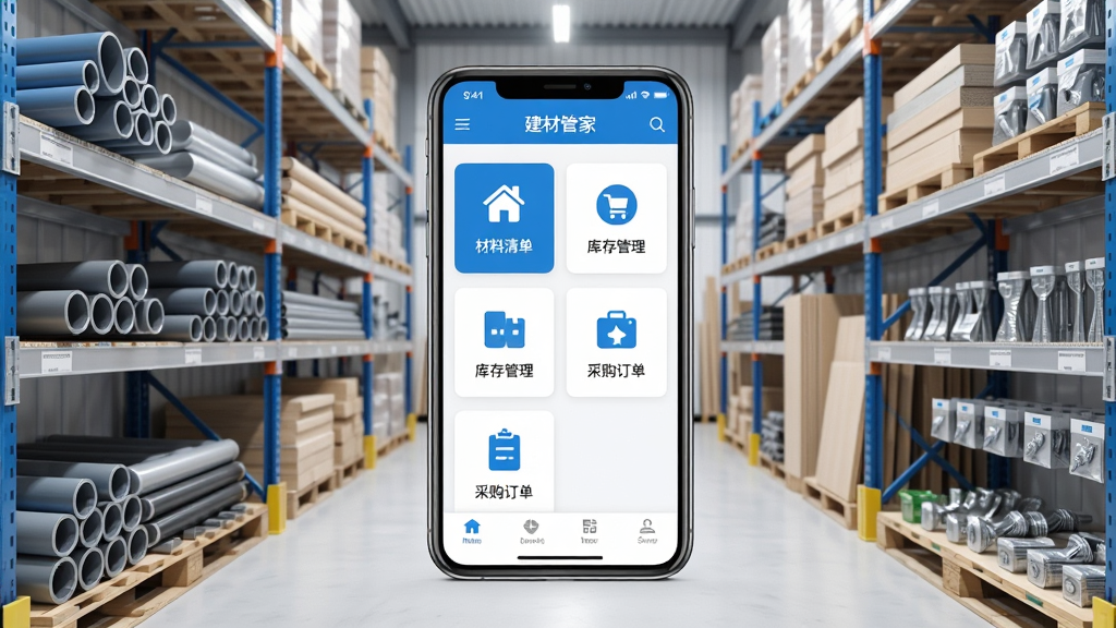 建材管家软件主界面全貌展示,画面中央放置一部智能手机,手机屏幕上显示建材管家应用的主页界面,包含材料清单、库存管理、采购订单等功能模块图标,背景为整洁的建材仓库场景,货架上整齐摆放各类管材、板材和五金配件,整体风格为现代简约商务风,色调以蓝白灰为主,画面干净明亮,无多余元素,高清画质,适合软件下载站展示