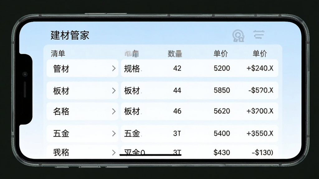 建材管家材料清单管理界面,手机屏幕显示详细的建材清单列表,包含管材、板材、五金等分类,每项材料有名称、规格、数量、单价和总价,界面简洁清晰,背景为浅蓝色渐变,风格为扁平化UI设计,画面干净无多余元素,高清画质