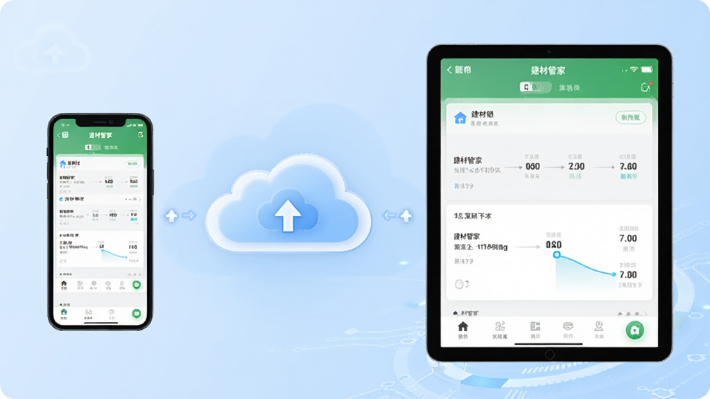 建材管家云端同步功能示意图,画面左侧一部手机,右侧一台平板电脑,中间用云朵图标连接,两台设备屏幕上都显示建材管家应用界面,数据通过云朵实现同步,背景为淡蓝色科技感渐变,风格为现代简约,画面干净无多余元素,高清画质