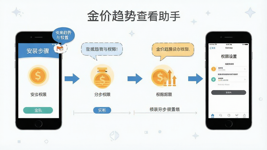 金价趋势查看助手 使用教程示意图 手机屏幕展示安装步骤与权限设置界面 布局为分步图解 排版从左到右 风格扁平化 细节有箭头指引和提示气泡 画质清晰 干净 无多余元素
