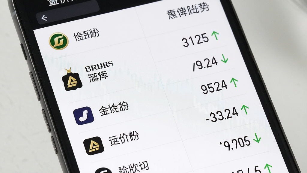 金价趋势查看助手 多品牌金价对比列表 手机屏幕显示多个品牌名称与对应价格 布局为列表式 排版采用左名称右价格 风格简约 细节有品牌图标和涨跌箭头 画质高清 干净 无多余元素