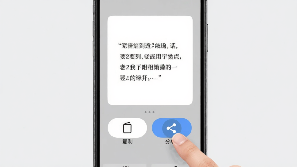 一句话馆分享操作界面,手机屏幕中显示一句语录卡片,卡片下方有复制和分享按钮,手指正在点击分享图标,背景为浅灰色,布局为居中展示,风格扁平化,细节包括按钮图标、点击反馈效果,画质高清,干净无多余元素