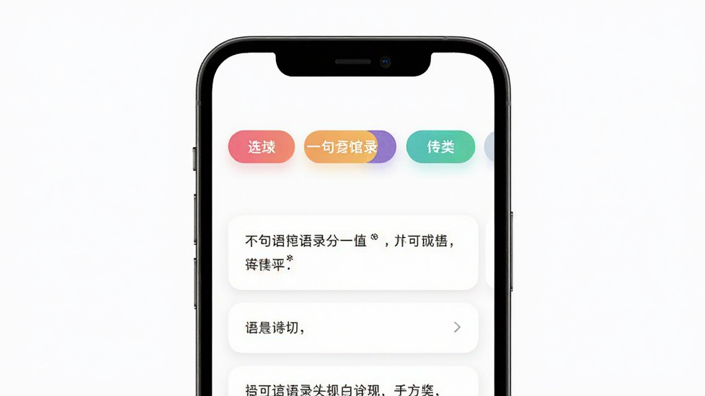 一句话馆语录分类界面,手机屏幕中显示多个彩色标签横向排列,标签上有中文分类名称,下方是语录卡片流,背景为白色,布局为上下结构,风格简约现代,细节包括标签圆角、选中高亮状态,画质高清,干净无多余元素