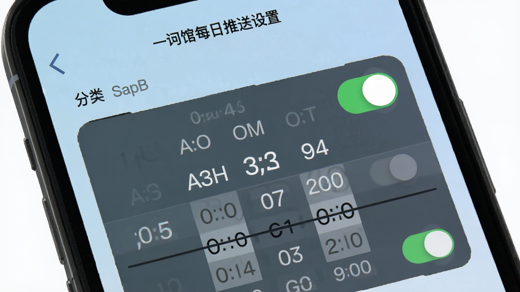 一句话馆每日推送设置界面,手机屏幕中显示时间选择器和分类开关,背景为淡蓝色,布局为上下分区,风格清爽,细节包括开关按钮、时间滚轮,画质高清,干净无多余元素