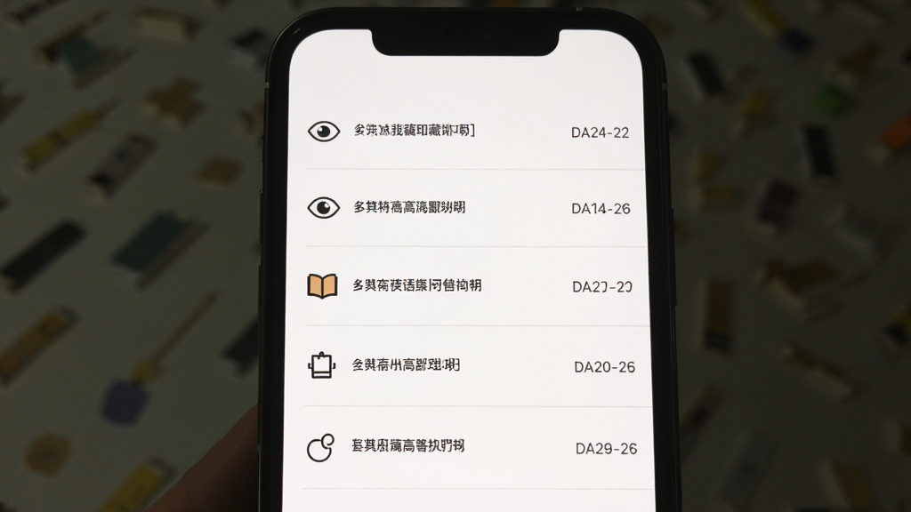 一句话馆收藏夹页面,手机屏幕中显示列表形式的收藏语录,每条语录左侧有小图标,右侧有日期,背景为纯白色,布局为垂直列表,风格极简,细节包括分割线、列表间距,画质高清,干净无多余元素