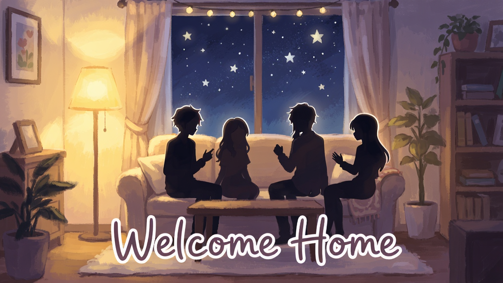 Welcome Home乙女游戏主画面,画面中央是温馨的客厅场景,暖黄色灯光,沙发上有几位角色剪影,窗外是夜晚星空,画面下方有