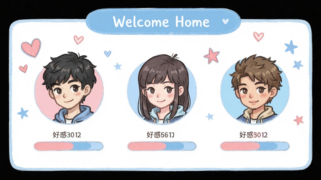 Welcome Home游戏角色好感度界面,画面中显示三位角色的头像和好感度进度条,界面风格清新柔和,粉蓝配色,角色头像为手绘风格,背景有爱心和小星星装饰,布局简洁,文字清晰,干净无多余元素,高清画质