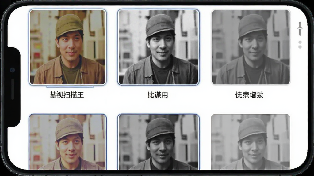 慧视扫描王图像增强模式选择界面,画面展示手机屏幕中多个滤镜预览小图,分别呈现彩色、黑白、灰度效果,布局为网格排列,风格为清爽扁平化,细节包含预览缩略图、模式名称标签、选中高亮边框,画质清晰干净无多余元素