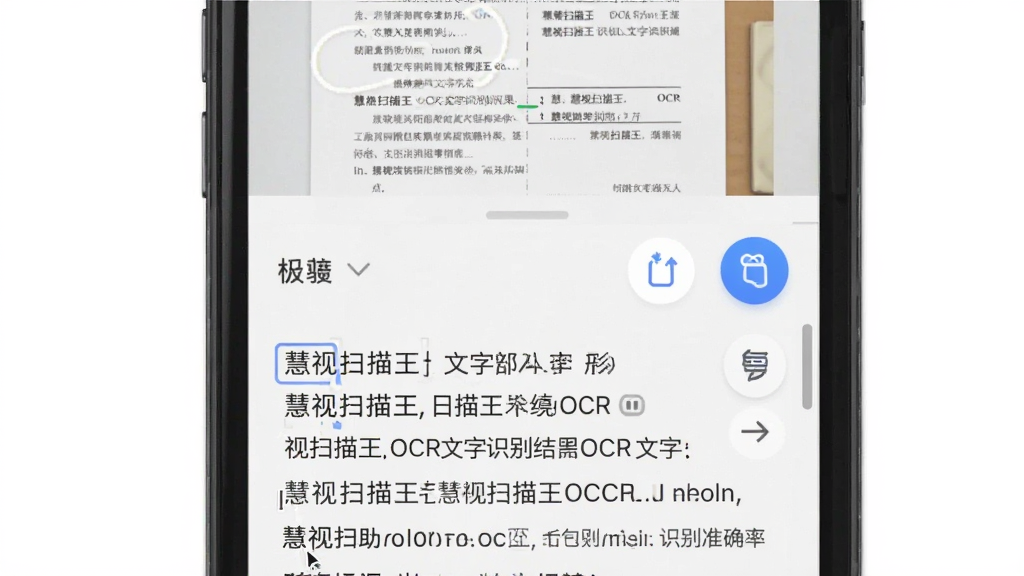 慧视扫描王OCR文字识别结果页面,画面主体为手机屏幕上方显示文档图片下方显示识别出的文字段落,布局为上下分栏,风格为简洁工具类界面,细节包含文字选择光标、复制按钮、识别准确率标识,画质清晰干净无多余元素