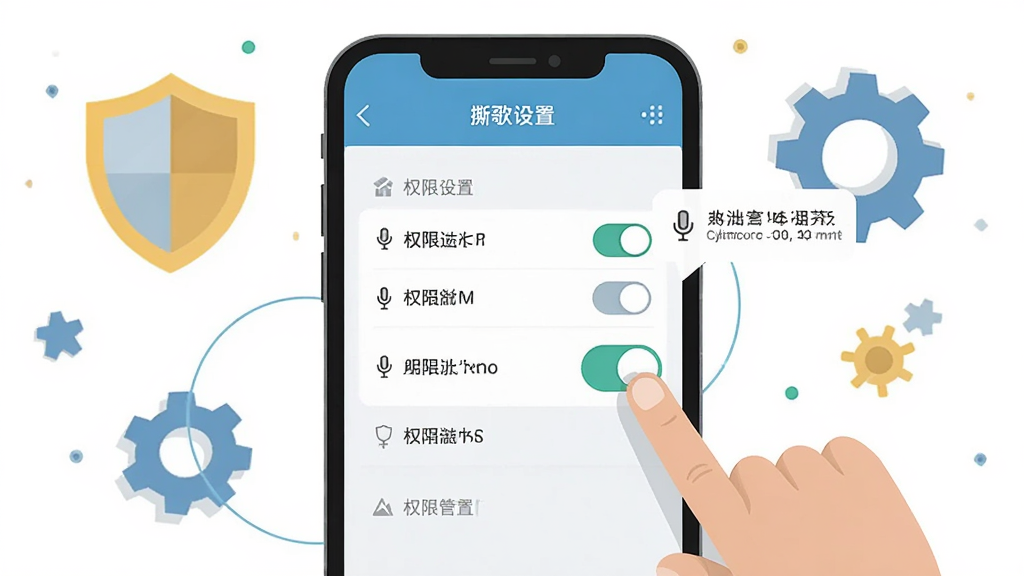一部手机屏幕显示撕歌设置页面中的权限管理选项,旁边有手指点击麦克风权限开关的示意;布局为手机居中,周围有盾牌和齿轮图标点缀;风格为扁平化教程插图;细节包括权限列表、开关按钮、提示气泡;画质高清,干净,无多余元素。