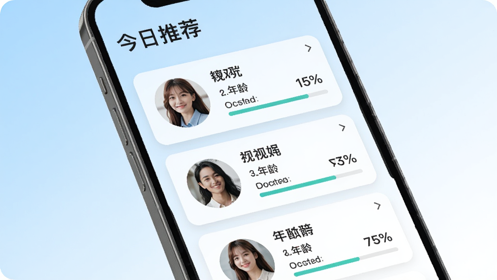 爱找对象智能匹配推荐功能界面展示,手机屏幕中显示多张用户卡片纵向排列,每张卡片包含头像、昵称、年龄、距离和匹配度百分比,页面顶部有“今日推荐”字样,背景为浅蓝色到白色的渐变,风格简洁现代,细节清晰,画质干净,无多余元素