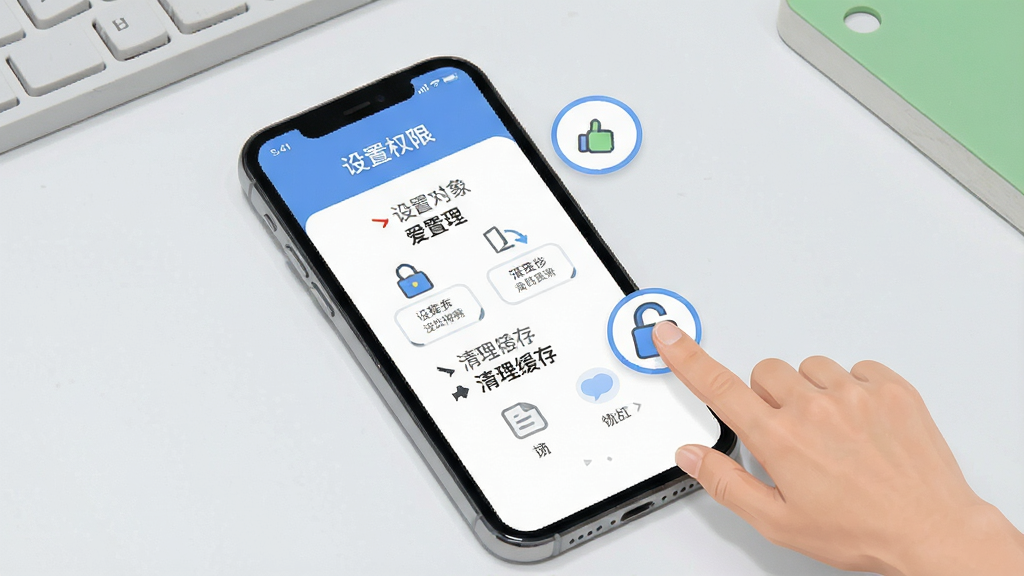 爱找对象新手操作指引示意图,画面中一部手机屏幕显示设置权限和清理缓存的步骤界面,旁边有手指点击图标,背景为浅灰色工作台,风格简洁明快,布局清晰,画质干净,无多余元素