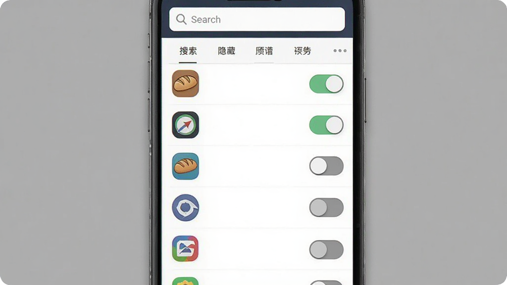 面包应用隐藏应用列表管理界面,手机屏幕显示垂直排列的应用列表,每个应用左侧有图标右侧有开关按钮,部分开关处于关闭状态表示已隐藏,界面顶部有搜索框和分类标签,整体布局清晰,风格简约商务,画质高清