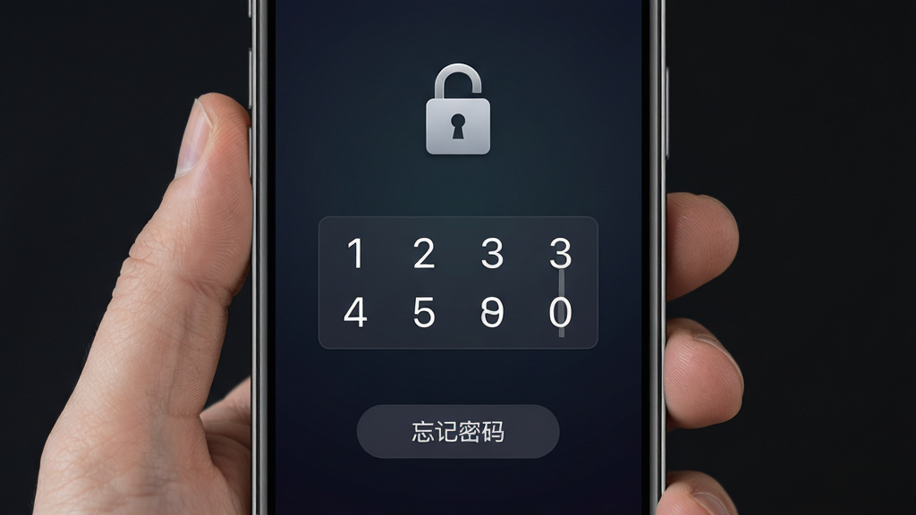 面包应用隐藏密码保护界面,手机屏幕中央显示一个四位数字密码输入框,上方有锁形图标,背景是深色渐变,输入框下方有“忘记密码”按钮,整体风格安全稳重,画质清晰