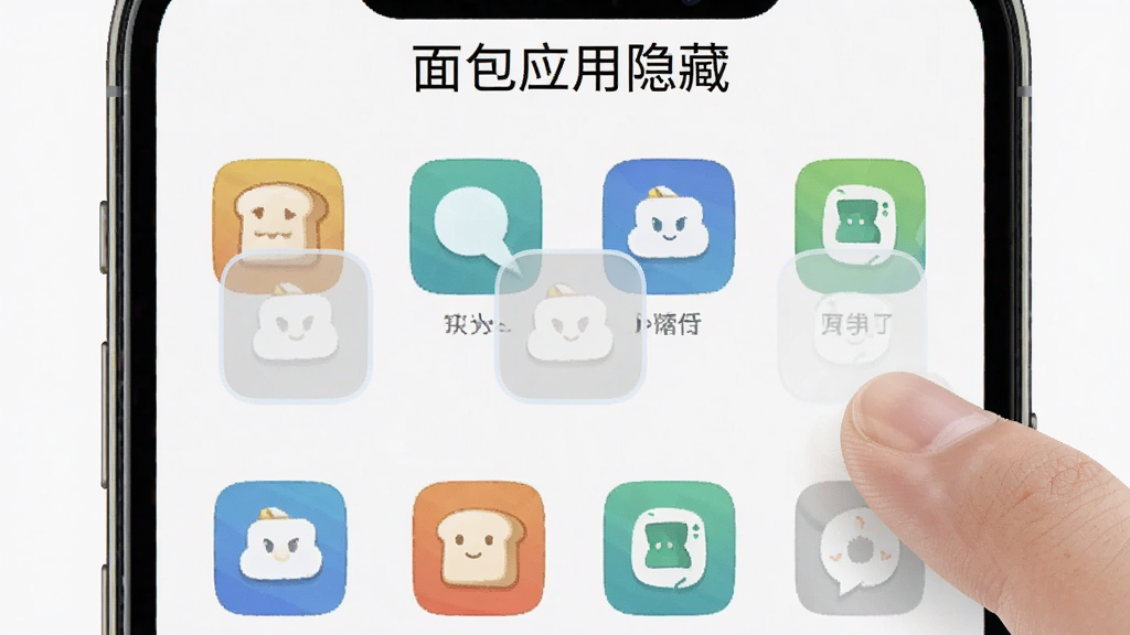 面包应用隐藏软件功能界面截图,画面中显示手机屏幕上有多个应用图标,其中三个图标被手指点击后变成半透明状态并逐渐消失,背景是简洁的白色界面,软件名称“面包应用隐藏”以文字形式出现在屏幕顶部,整体风格科技感十足,画质清晰,干净无杂乱元素