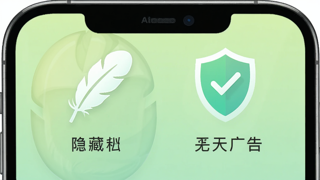 面包应用隐藏软件运行状态示意图,画面展示手机屏幕上方有一个轻盈的羽毛图标代表软件体积小,旁边有盾牌图标代表安全无广告,背景是淡绿色渐变,整体风格清新自然,画质干净