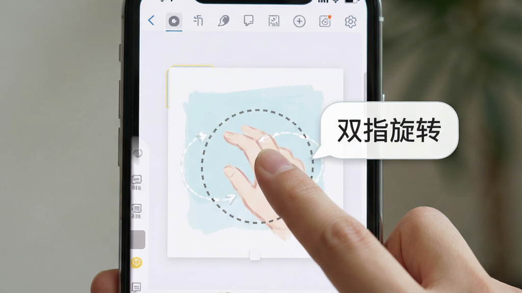 一幅展示澜纱幻画绘画新手操作提示的图片,画面主体是手机屏幕特写,屏幕上显示着澜纱幻画绘画的画布界面,画面中有一只手正在用双指旋转画布,旁边弹出提示气泡写着