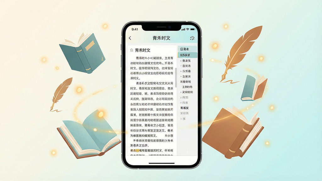 一张展现青禾时文软件核心全貌的插画,画面中央是一部智能手机,手机屏幕上显示着青禾时文的小说阅读界面,界面中有清晰的文字排版和目录侧边栏,手机周围环绕着漂浮的书籍、羽毛笔和暖色光点,背景是柔和的米白色与淡青色渐变,整体风格清新简约,布局居中对称,细节丰富,画质高清干净,无多余元素