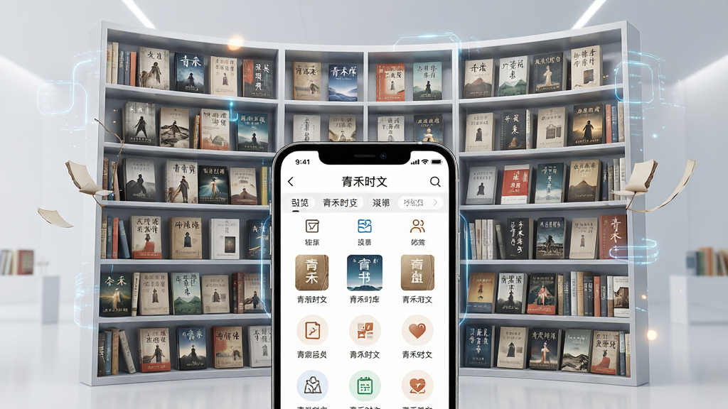 一幅展示青禾时文海量书库的AI生图,画面主体是一个巨大的虚拟书架,书架上摆满了封面各异的小说书籍,书架前方有一部手机屏幕显示着青禾时文的分类浏览页面,布局采用中心辐射式构图,风格现代科技感与文艺气息结合,细节包括书籍封面上的文字纹理和手机界面的清晰图标,画质高清,干净明亮,无多余元素