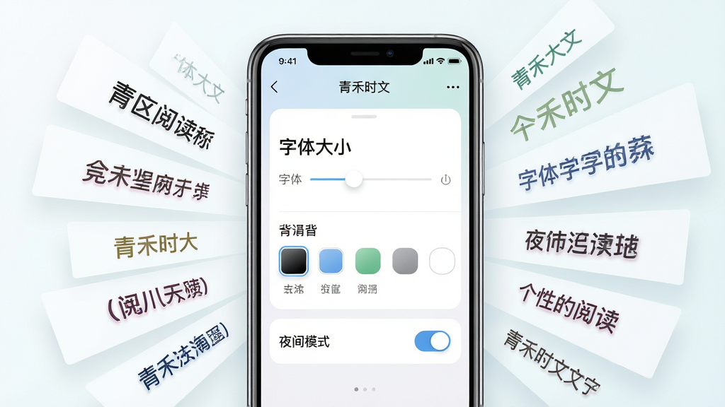 一张展示青禾时文个性化阅读设置的生图,画面中央是手机屏幕显示设置面板,面板上有字体大小滑块、背景颜色选项和夜间模式开关,周围漂浮着不同字体和颜色的文字示例,布局采用中心扩散式排版,风格清新柔和,细节包括清晰的UI控件和柔和的光影,画质高清,干净无多余元素