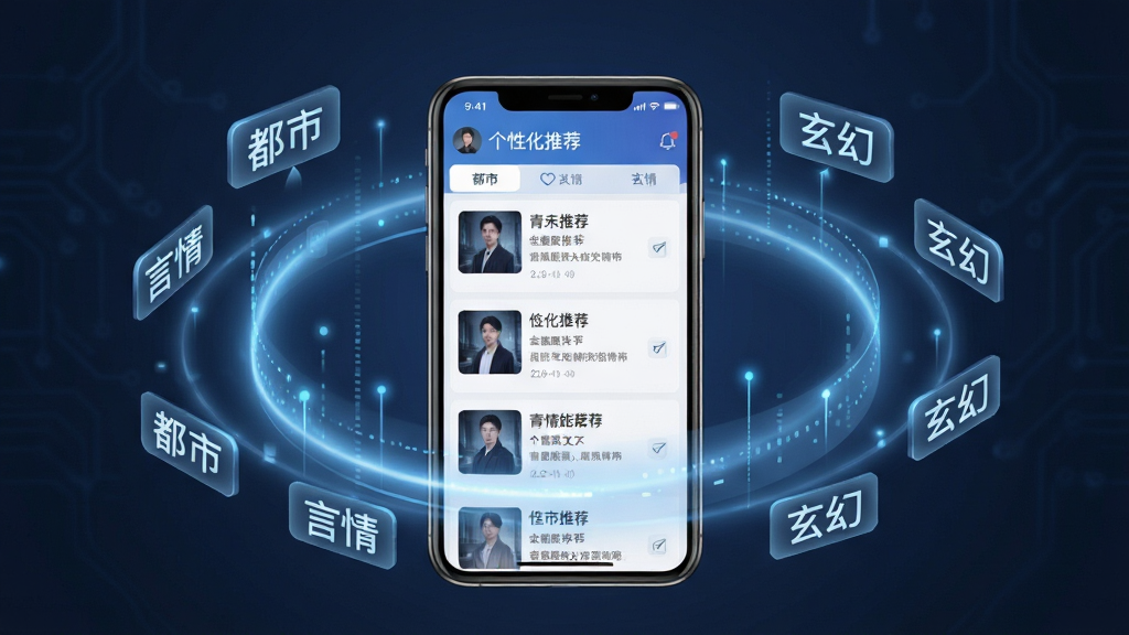 一张表现青禾时文智能推荐功能的生图,画面中央是手机屏幕显示个性化推荐列表,周围环绕着数据流和标签元素,标签上写着“都市”“言情”“玄幻”等字样,布局采用环绕式排版,风格简洁科技风,细节包括柔和的蓝色光效和清晰的界面文字,画质高清,干净无多余元素