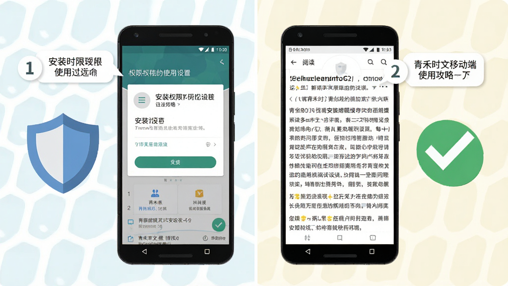 一张展示青禾时文移动端使用攻略的示意图,画面主体是一部安卓手机,屏幕上显示安装权限设置和阅读界面,手机旁边有盾牌图标和勾选标记,布局采用左右分栏排版,风格扁平化教学风,细节包括清晰的步骤数字和提示气泡,画质高清,干净无多余元素