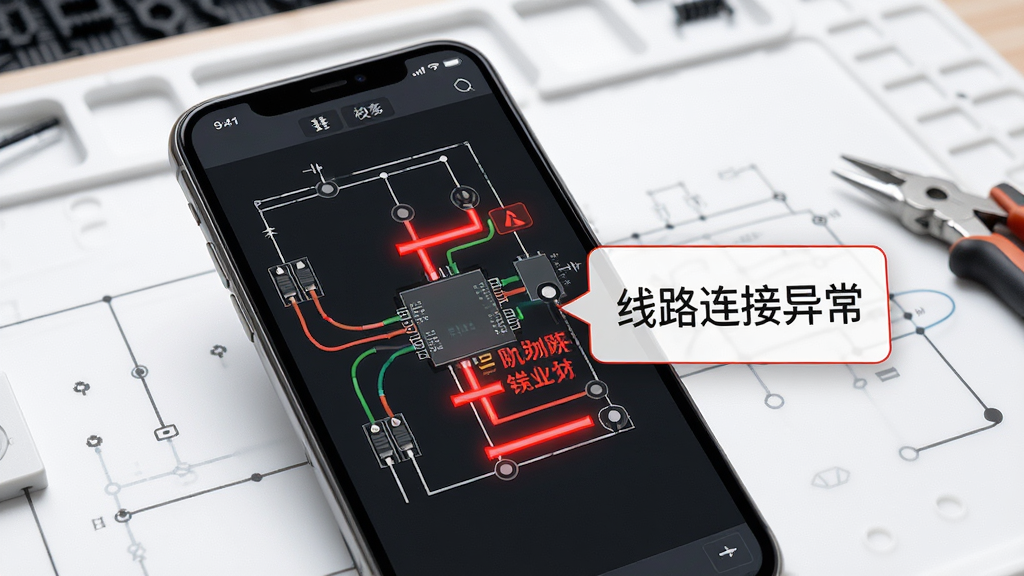 接线大师智能校验功能展示,手机屏幕显示电路图,部分线路用红色高亮标注错误位置,旁边弹出提示框显示“线路连接异常”,背景为白色工作区,布局清晰,风格为写实科技风,细节包括导线、节点、错误标记,画质高清,干净,无多余元素