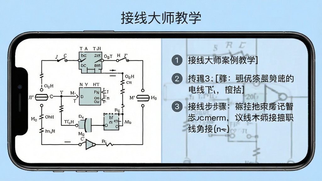 接线大师案例教学界面,手机屏幕显示电路原理图与接线步骤说明文字,左侧为电路图,右侧为文字讲解,背景为浅蓝色,布局左右分栏,风格为教育类应用界面,细节包括电路符号、步骤编号、说明文字,画质高清,干净,无多余元素