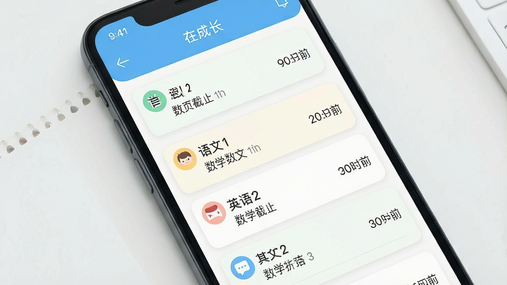 一张手机应用界面展示图,屏幕中显示“在成长”作业管理页面,列表清晰列出语文、数学、英语等科目的作业内容与截止时间,界面采用卡片式设计,配色清爽,画质干净,无多余装饰元素
