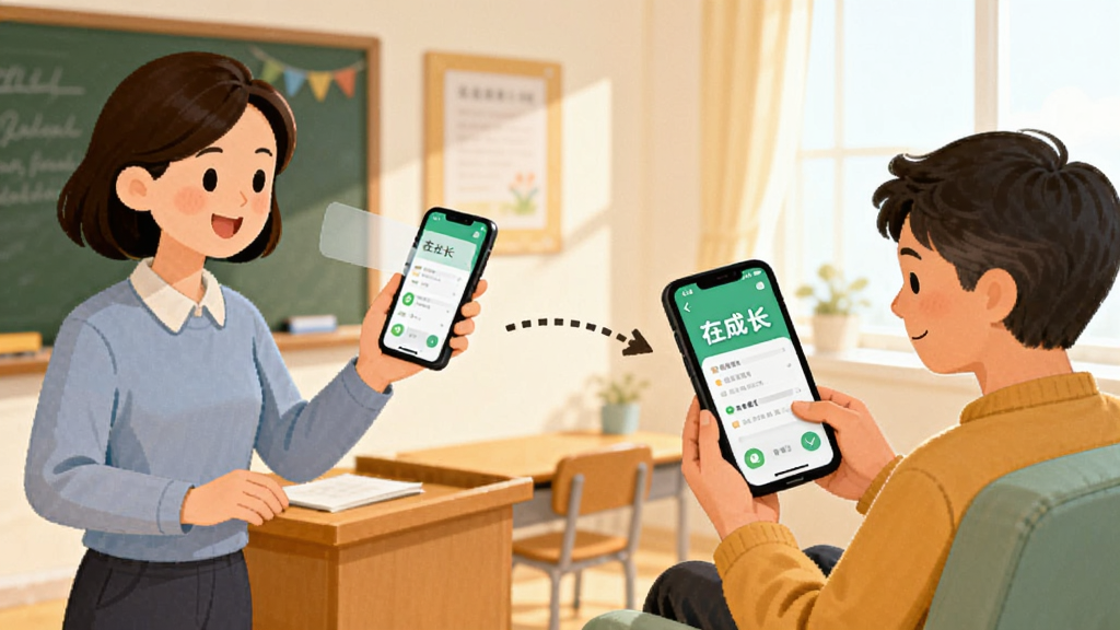 一幅表现家校互通的插画,画面左侧是老师站在教室讲台前使用手机发送通知,右侧是家长在家中沙发上查看手机信息,手机屏幕显示“在成长”应用界面,中间用虚线箭头连接,整体风格温馨明亮,色彩柔和,画质清晰