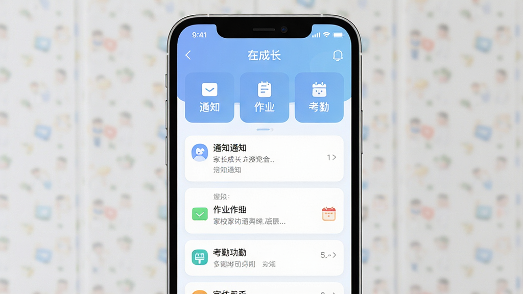 一张展示在成长软件主界面的手机屏幕截图,画面中央是家校沟通信息流,顶部显示软件名称“在成长”,界面采用柔和的蓝白配色,布局清晰,包含通知、作业、考勤等功能入口,风格简洁现代,画质清晰,干净无多余元素