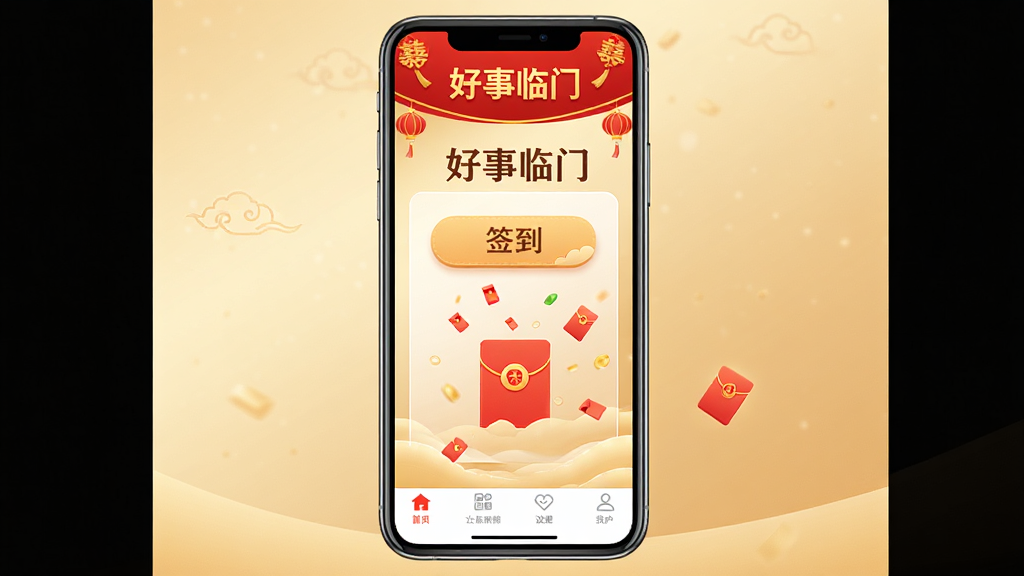 �ֻ���Ļ����չʾ���������š�APP�����棬������ʾ��ɫϲ�������м���ǩ����ť�ͺ������ڣ��ײ������������ɼ�������Ϊǳ��ɫ���䣬��������ϲ�죬���ʸ��壬�ɾ��޶���Ԫ��