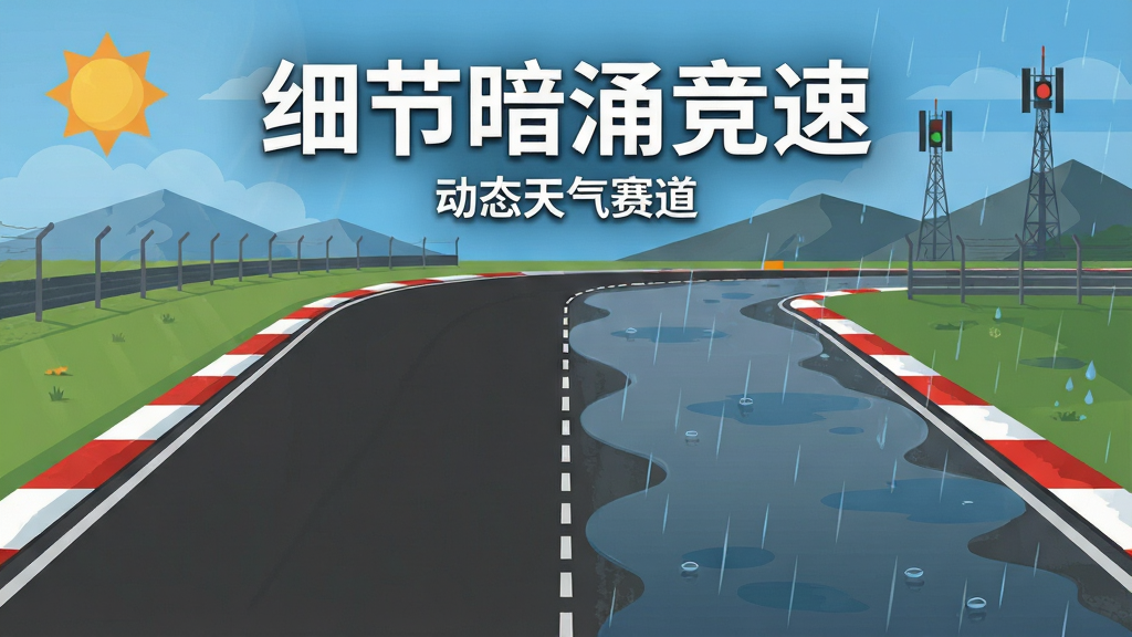 一张俯视视角的赛道场景图,画面左侧是晴天干燥的柏油路面,右侧过渡到雨天湿滑反光的路面,中间用虚线分割;赛道边缘有红白相间的路肩,远处有山峦与信号塔;画面正上方用白色粗体字标注“细节暗涌竞速”,下方用小字标注“动态天气赛道”;风格为扁平化信息图,细节清晰,画质干净,无多余装饰元素。