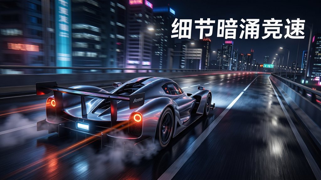 画面中央是一辆流线型竞速赛车在夜间城市高架桥上飞驰,车灯拉出光轨,背景是霓虹闪烁的楼宇与湿润的柏油路面反光;布局采用对角线构图,赛车位于左下向右上冲刺,右上角留白处用白色无衬线字体写着“细节暗涌竞速”;整体风格为写实赛车游戏宣传图,细节包含轮胎烟雾、仪表盘光晕、动态模糊;画质为4K超清,干净无多余元素,无杂乱水印。