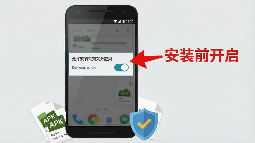 一张手机游戏安装设置界面示意图,画面中央是一部安卓手机屏幕,显示“允许安装未知来源应用”的开关按钮,旁边用红色箭头标注“安装前开启”;手机下方散落着APK文件图标与安全盾牌标志;风格为扁平化教程插图,背景浅灰;画质清晰,文字可读,无多余元素。