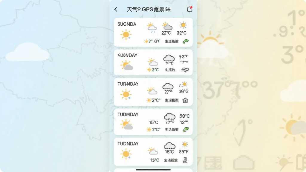 天气GPS全景地图多日预报页面,竖向排列未来五天天气卡片,每张卡片包含日期、天气图标、温度区间和生活指数小图标,背景为柔和浅色,风格清新,布局整齐,画质干净,无多余元素
