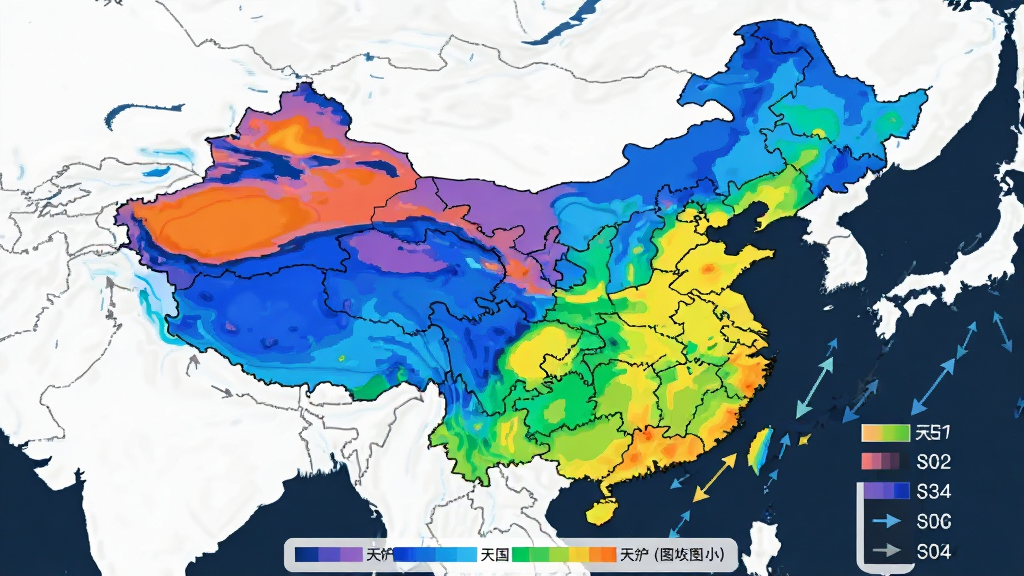 天气GPS全景地图全国天气地图界面,中国地图上以不同颜色标注温度分区,沿海区域显示风力箭头,界面底部有图例说明,风格简洁直观,布局合理,画质干净,无多余元素