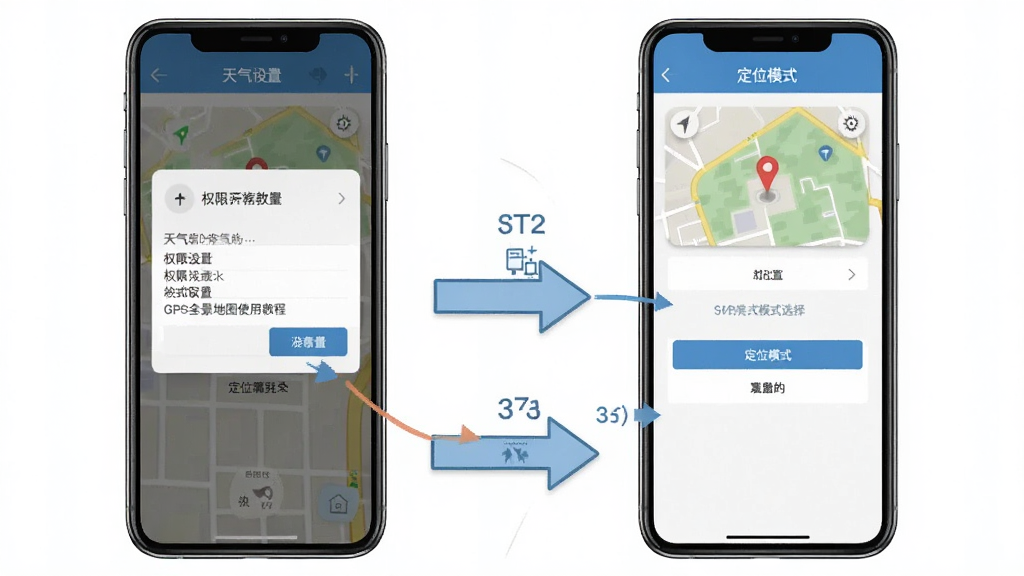 天气GPS全景地图使用教程示意图,手机屏幕显示权限设置页面和定位模式选择界面,旁边有箭头标注操作步骤,风格教学化,布局清晰,画质干净,无多余元素
