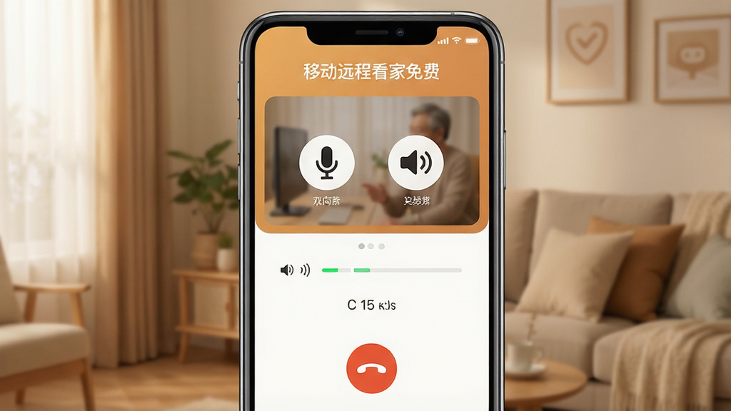移动远程看家免费双向语音对讲功能展示,手机屏幕显示通话界面,画面中有麦克风与扬声器图标,界面顶部有软件名称