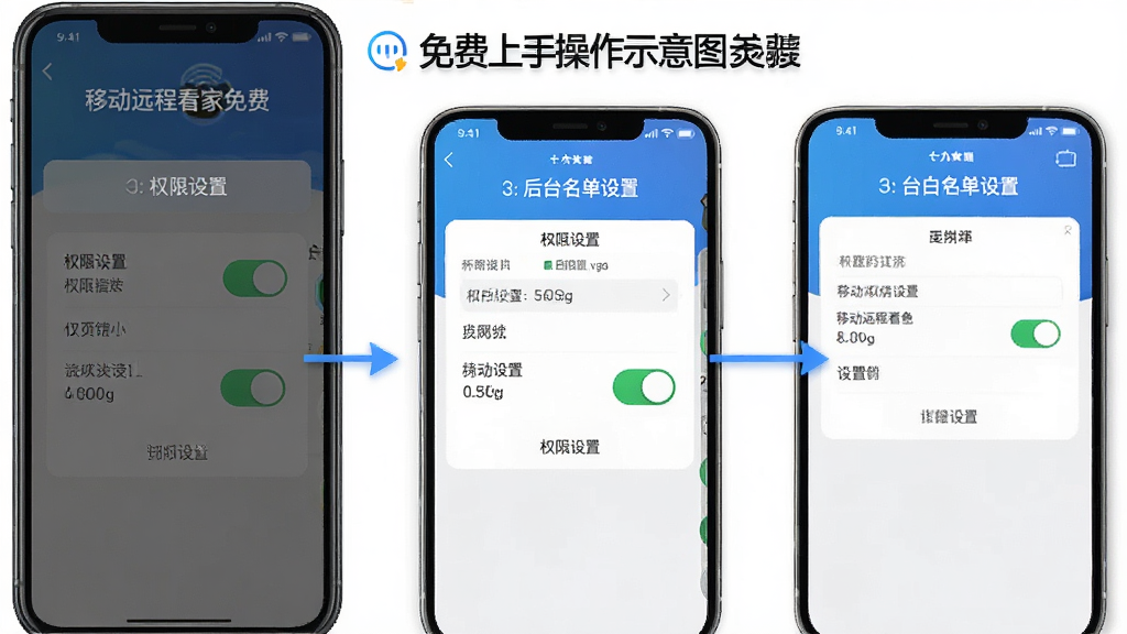 移动远程看家免费上手操作示意图,手机屏幕显示权限设置页面与后台白名单设置步骤,画面中包含软件名称
