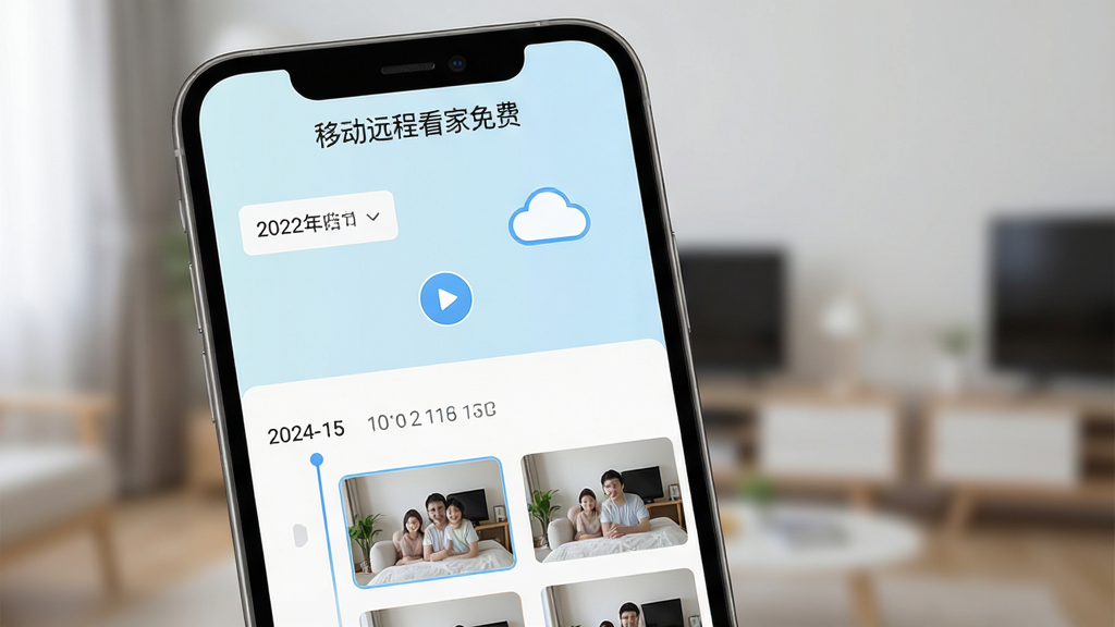 移动远程看家免费云端录像回看界面,手机竖屏显示时间轴与录像片段列表,画面中包含软件名称