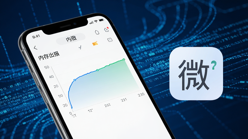 一张展示手机性能监控界面的概念图,画面中一部手机屏幕显示内存占用曲线平稳,旁边有一个代表「微」应用的轻量图标,背景为科技感十足的蓝色数据流线条,风格简洁商务,画质清晰,干净无多余元素