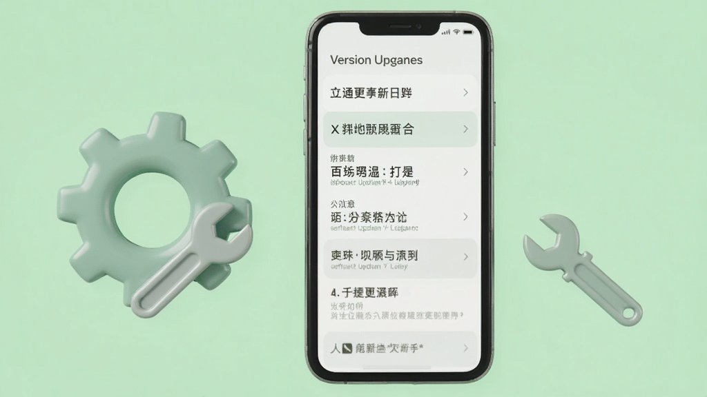 一张表现软件更新维护概念的图片,画面中一部手机屏幕显示版本更新日志列表,旁边有齿轮和扳手工具图标,背景为浅绿色调,风格清新简约,画质清晰,干净无多余元素