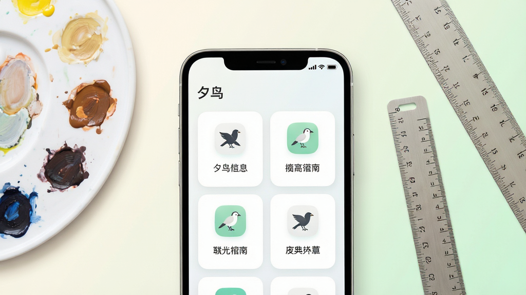 画面中央为“夕鸟”应用界面特写,展示清爽的浅色主题,卡片式布局,圆角图标,文字清晰。手机旁边放置调色盘与排版尺,象征界面设计。背景为柔和的米白到浅绿渐变,风格清新浅色,排版居中,细节干净,画质明亮,无多余元素。